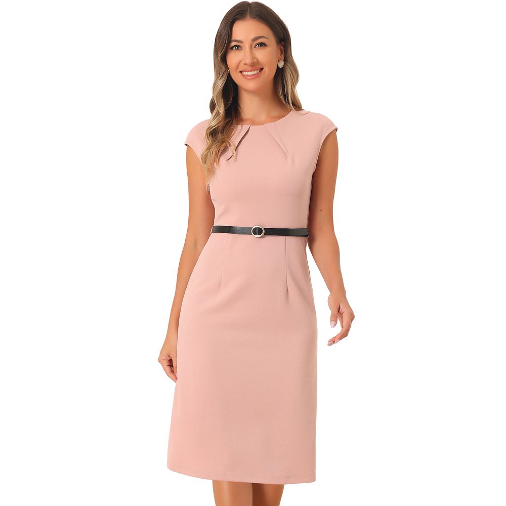 Elegant Business Cap Sleeve Belted Pencil Work Sheath Dress, Pink / XS