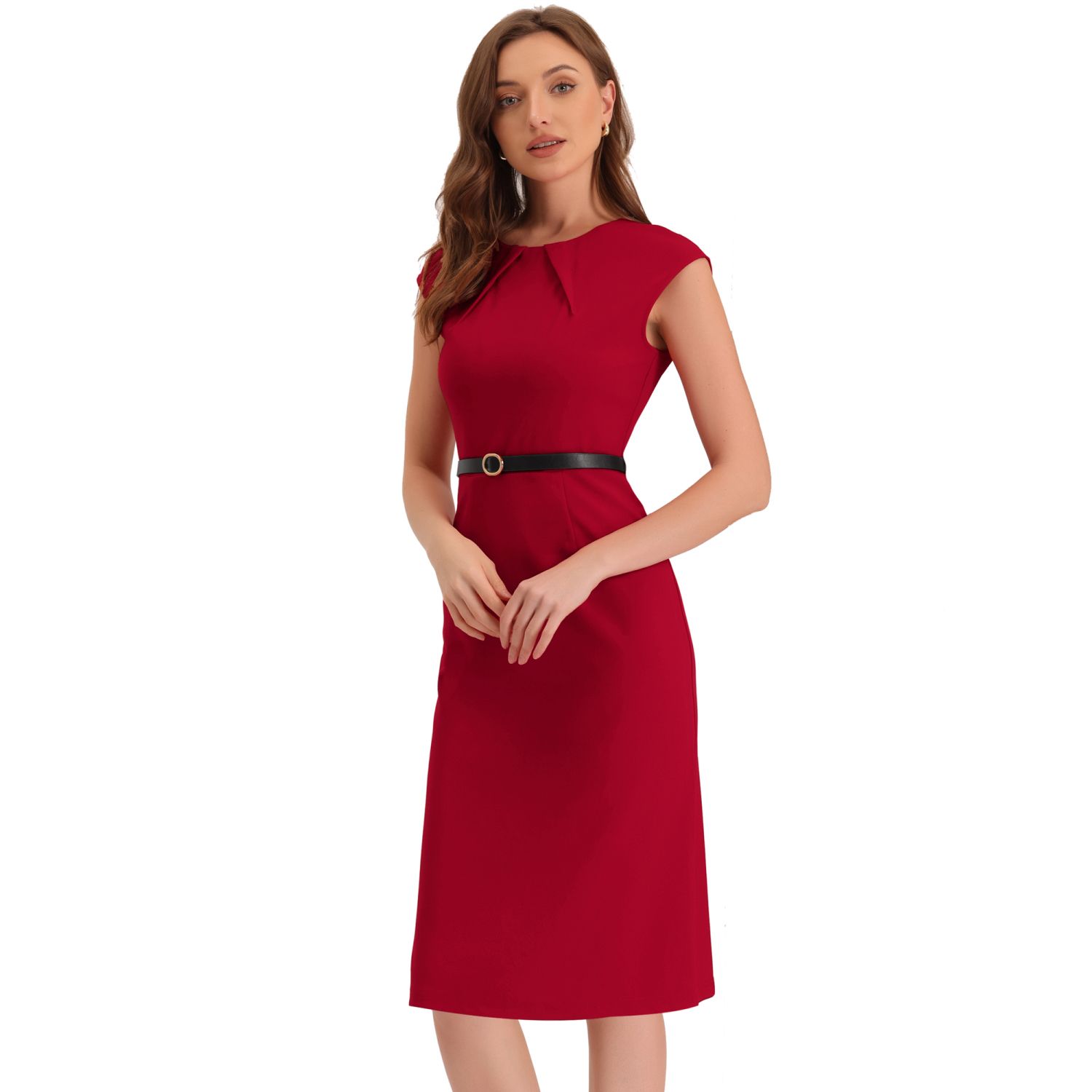 Elegant Office Dress for Women's Round Neck Cap Sleeve Belted Work Sheath  Dresses