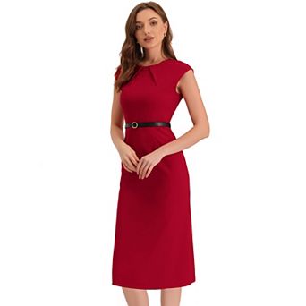 Elegant Office Dress For Women's Round Neck Cap Sleeve Belted Work Sheath Dresses