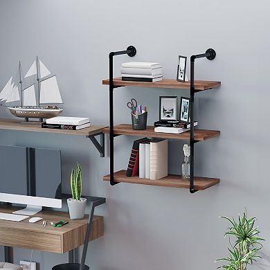 Industrial Multi-tier Wall-mounted Floating Bookshelf Storage Rack, Rustic Brown