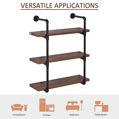 HOMCOM 37.5" Industrial 3-Tier Floating Storage Bookshelf Bracket, Rustic