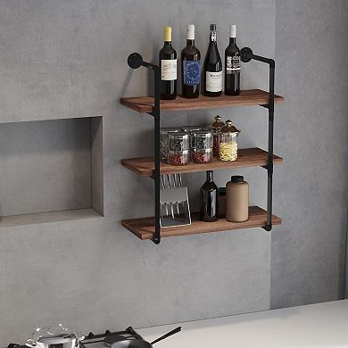 Industrial Multi-tier Wall-mounted Floating Bookshelf Storage Rack, Rustic Brown