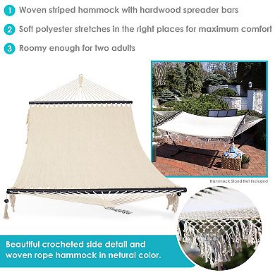 Sunnydaze 2-Person Woven Hammock with Spreader Bars and Fringe - White