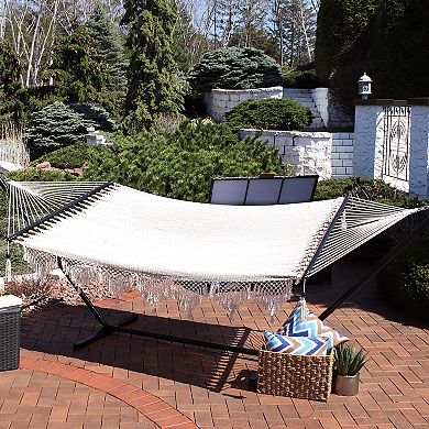 Sunnydaze 2-Person Woven Hammock with Spreader Bars and Fringe - White