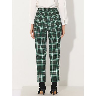 Women's Tartan Plaid Pants Elastic High Waist Straight Long Trousers