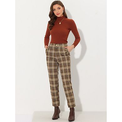 Women's Tartan Plaid Pants Elastic High Waist Straight Long Trousers