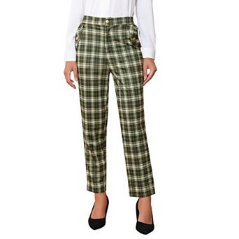 Women's Tartan Plaid Pants Elastic High Waist Straight Long Trousers