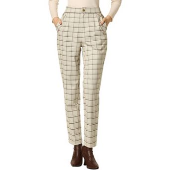 Women's Tartan Plaid Pants Elastic High Waist Straight Long Trousers