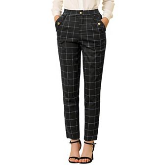 Women's Tartan Plaid Pants Elastic High Waist Straight Long Trousers