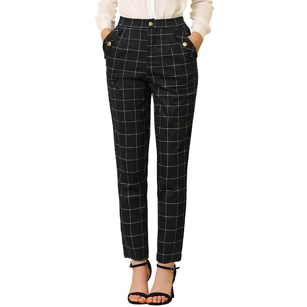 Women's Tartan Plaid Pants Elastic High Waist Straight Long Trousers