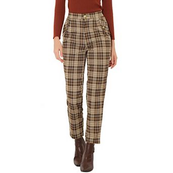 Women's Tartan Plaid Pants Elastic High Waist Straight Long Trousers