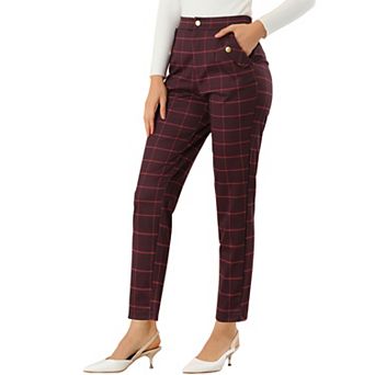 Women's Tartan Plaid Pants Elastic High Waist Straight Long Trousers