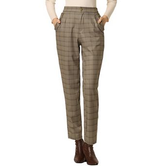 Women's Tartan Plaid Pants Elastic High Waist Straight Long Trousers