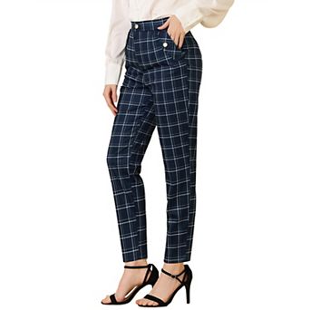 Women's Tartan Plaid Pants Elastic High Waist Straight Long Trousers