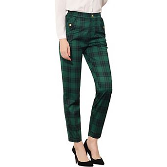 Women's Tartan Plaid Pants Elastic High Waist Straight Long Trousers