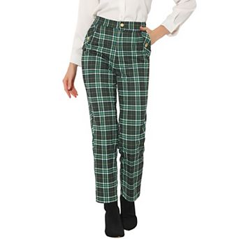 Women's Tartan Plaid Pants Elastic High Waist Straight Long Trousers