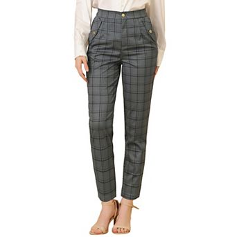 Women's Tartan Plaid Pants Elastic High Waist Straight Long Trousers