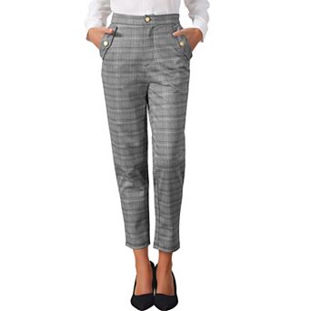 Women's Tartan Plaid Pants Elastic High Waist Straight Long Trousers