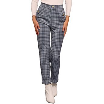 Women's Tartan Plaid Pants Elastic High Waist Straight Long Trousers