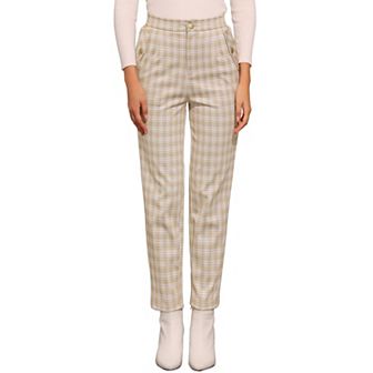 Women's Tartan Plaid Pants Elastic High Waist Straight Long Trousers