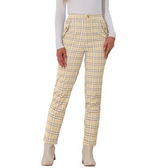 Women's Tartan Plaid Pants Elastic High Waist Straight Long Trousers