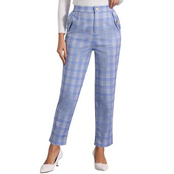 Women's Tartan Plaid Pants Elastic High Waist Straight Long Trousers