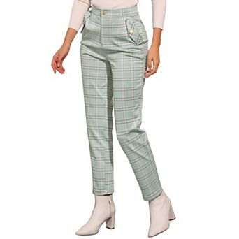 Women's Tartan Plaid Pants Elastic High Waist Straight Long Trousers
