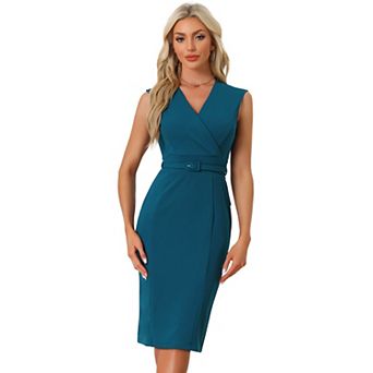 Pencil Dress for Women's Sleeveless Wrap V Neck Belted Office Dresses