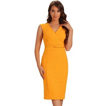 Pencil Dress for Women's Sleeveless Wrap V Neck Belted Office Dresses