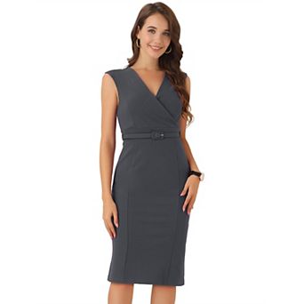 Pencil Dress for Women's Sleeveless Wrap V Neck Belted Office Dresses