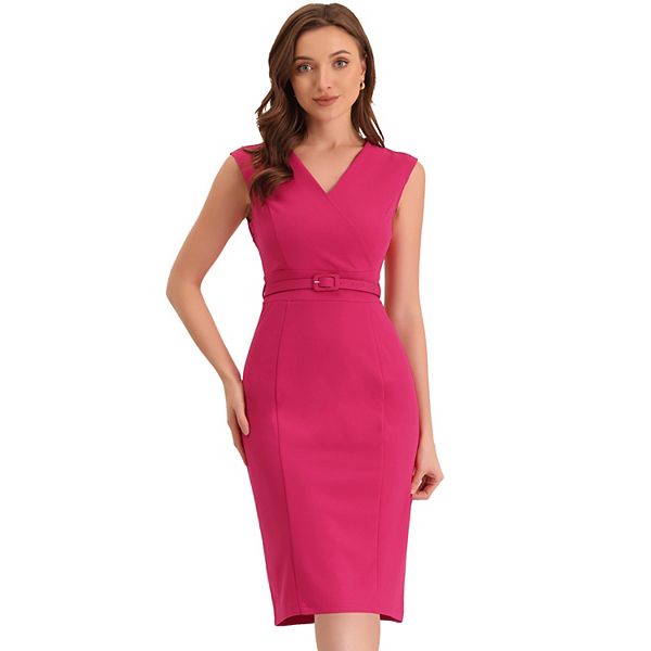 Inspire Chic Women's Sleeveless V Neck Business Office Belt Pencil Dresses X-Small Fuchsia