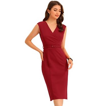 Pencil Dress for Women's Sleeveless Wrap V Neck Belted Office Dresses
