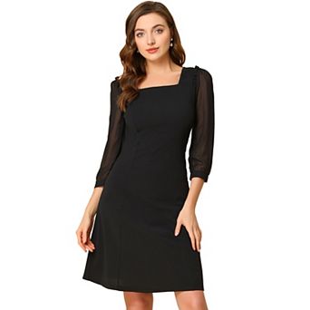 Women's Square Neck Ruffle Trim Sheer 3/4 Sleeve Chiffon Mini Dress