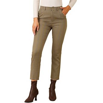 Women's High Elastic Waist Back Ankle Length Plaid Work Pants