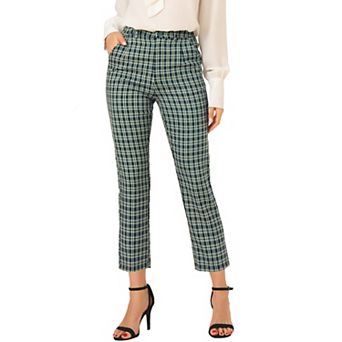 Women's High Elastic Waist Back Ankle Length Plaid Work Pants
