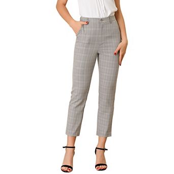 Women's High Elastic Waist Back Ankle Length Plaid Work Pants