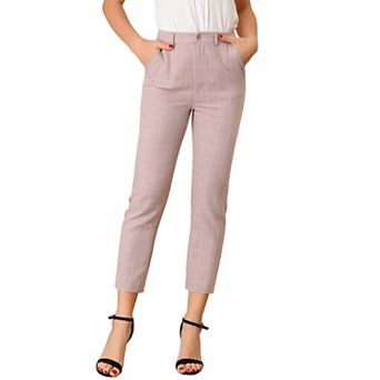 Women's High Elastic Waist Back Ankle Length Plaid Work Pants