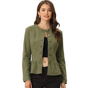 Women's Round Neck Button Down Ruffled Hem Cropped Washed Denim Jacket