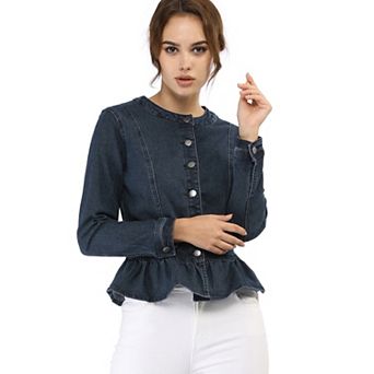 Women's Round Neck Button Down Ruffled Hem Cropped Washed Denim Jacket
