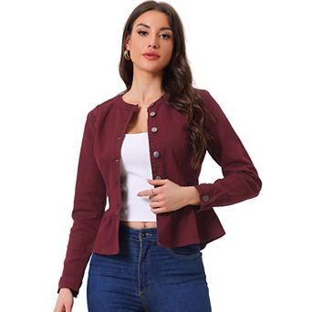 Women's Round Neck Button Down Ruffled Hem Cropped Washed Denim Jacket