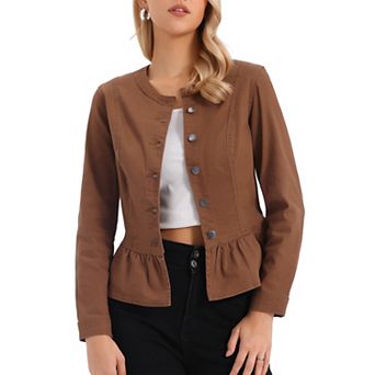 Women's Round Neck Button Down Ruffled Hem Cropped Washed Denim Jacket