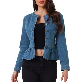 Women's Round Neck Button Down Ruffled Hem Cropped Washed Denim Jacket
