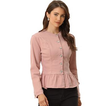 Women's Round Neck Button Down Ruffled Hem Cropped Washed Denim Jacket