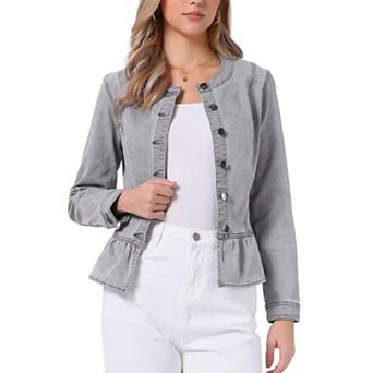Women's Round Neck Button Down Ruffled Hem Cropped Washed Denim Jacket