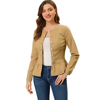 Women's Round Neck Button Down Ruffled Hem Cropped Washed Denim Jacket