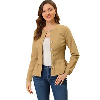 Women's Round Neck Button Down Ruffled Hem Cropped Washed Denim Jacket