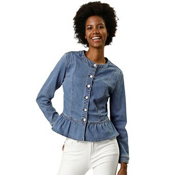 Women's Round Neck Button Down Ruffled Hem Cropped Washed Denim Jacket