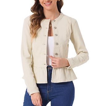 Women's Round Neck Button Down Ruffled Hem Cropped Washed Denim Jacket