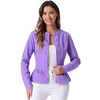 Women's Round Neck Button Down Ruffled Hem Cropped Washed Denim Jacket