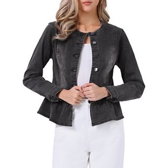 Women's Round Neck Button Down Ruffled Hem Cropped Washed Denim Jacket